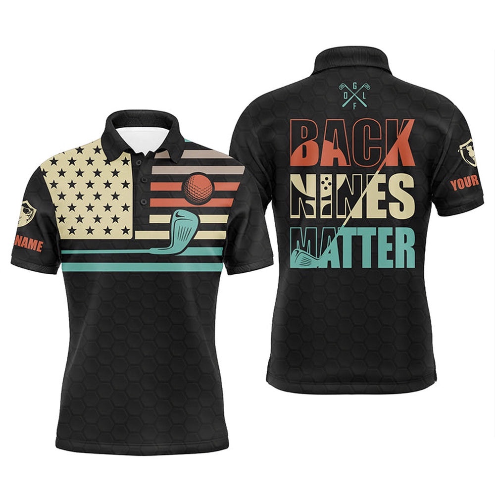 Vintage American Flag Golf Polo Shirt For Men Custom Back Nines Matters Golf Clubs Black Golf Shirts, Golf Polo Shirt, Golf Shirts