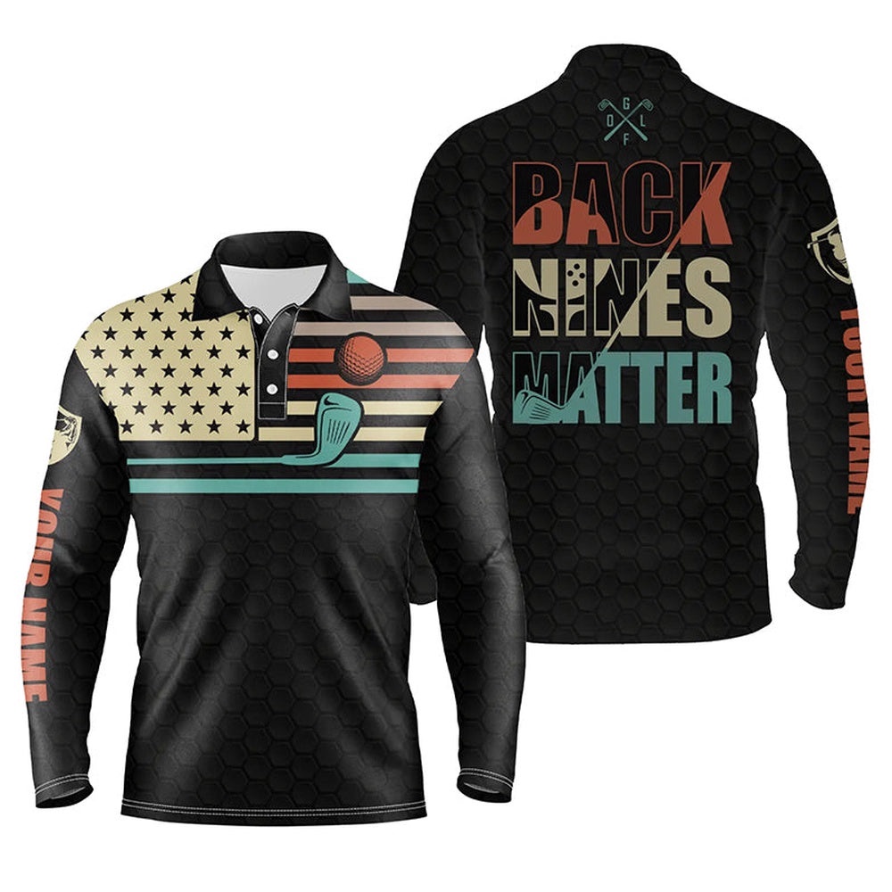 Vintage American Flag Golf Polo Shirt For Men Custom Back Nines Matters Golf Clubs Black Golf Shirts, Golf Polo Shirt, Golf Shirts