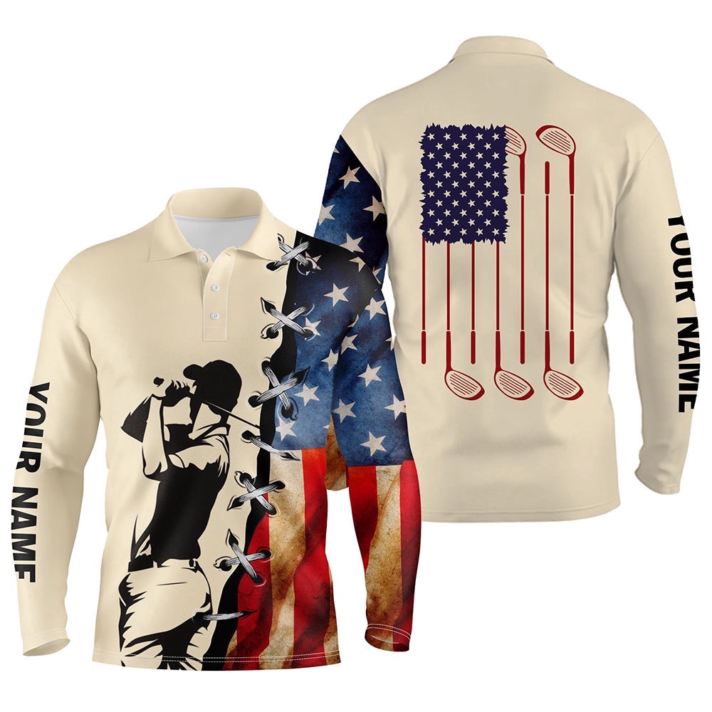 Vintage American Flag Men’s Golf Polo Shirts Custom Name Golf Clubs Patriotic Team Men’s Golf Shirt, Golf Polo Shirt, Golf Shirts