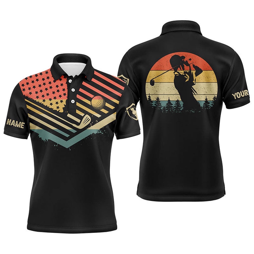 Vintage American Flag Men’s Golf Polos Shirts Custom Name Golfing Gifts For Men, Golf Polo Shirt, Golf Shirts