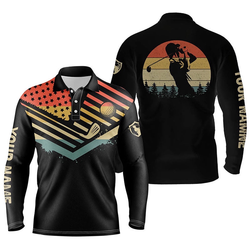 Vintage American Flag Men’s Golf Polos Shirts Custom Name Golfing Gifts For Men, Golf Polo Shirt, Golf Shirts