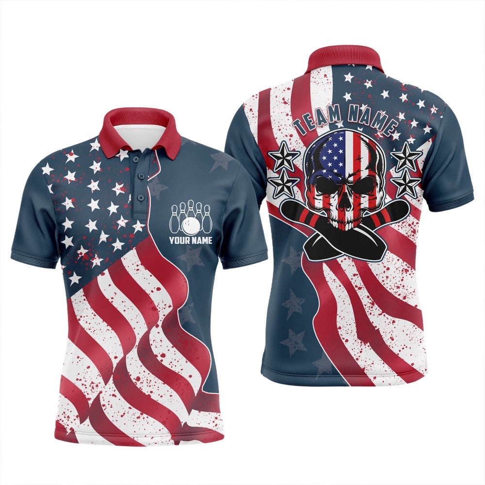 Vintage American Flag Patriotic Skull Bowling Polo Shirts For Men Custom Bowling Team Polo Shirt, Personalized Bowling Team Shirt