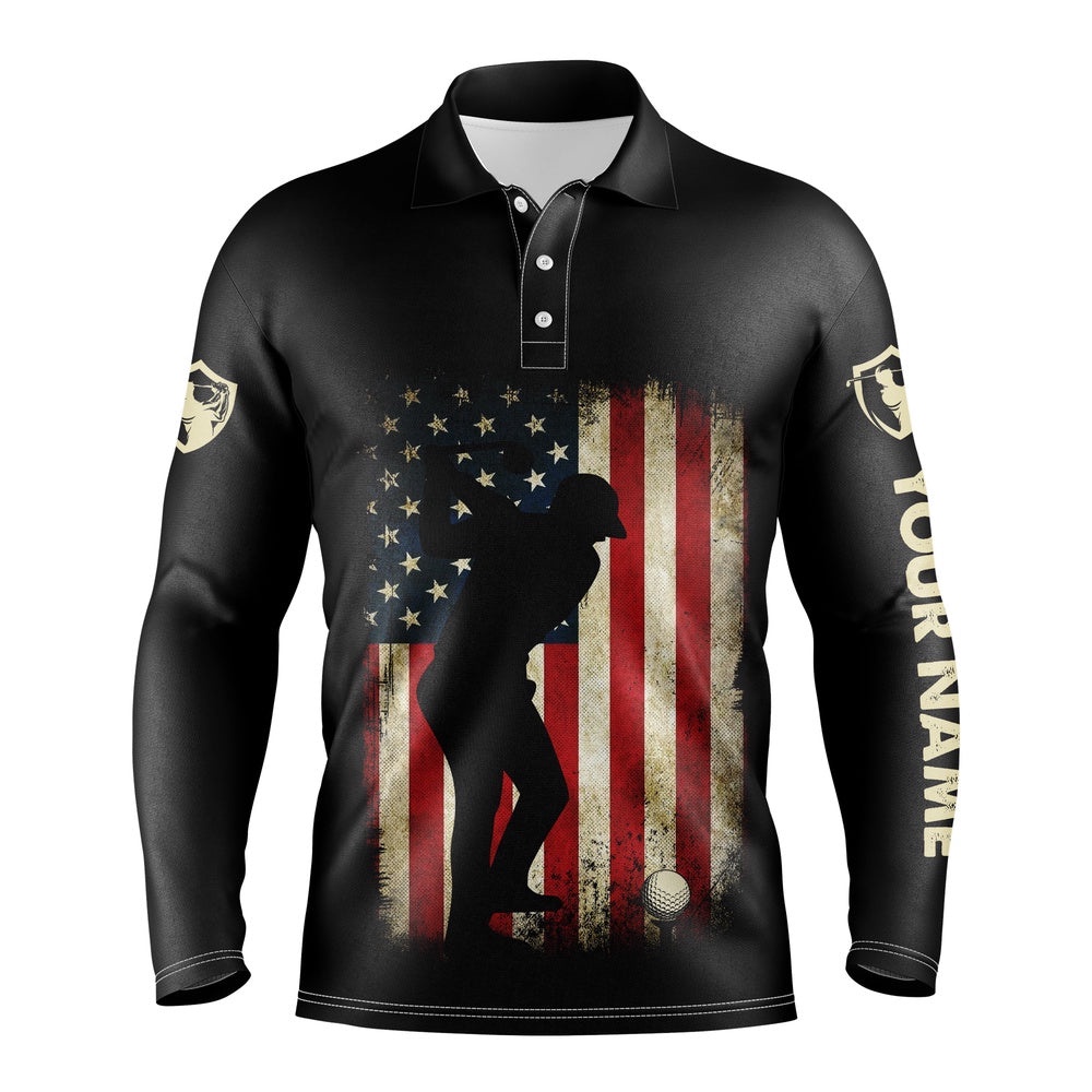 Vintage American Flag Patriotic Us Flag Custom Name Black Golf Polo Shirts – Golf Gift Ideas For Him, Golf Polo Shirt, Golf Shirts