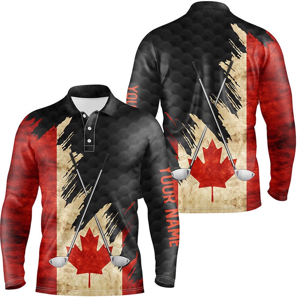 Vintage Canadian Flag Golf Clubs Patriotic Custom Black Men’s Team Men’s Golf Tops, Golf Polo Shirt, Golf Shirts