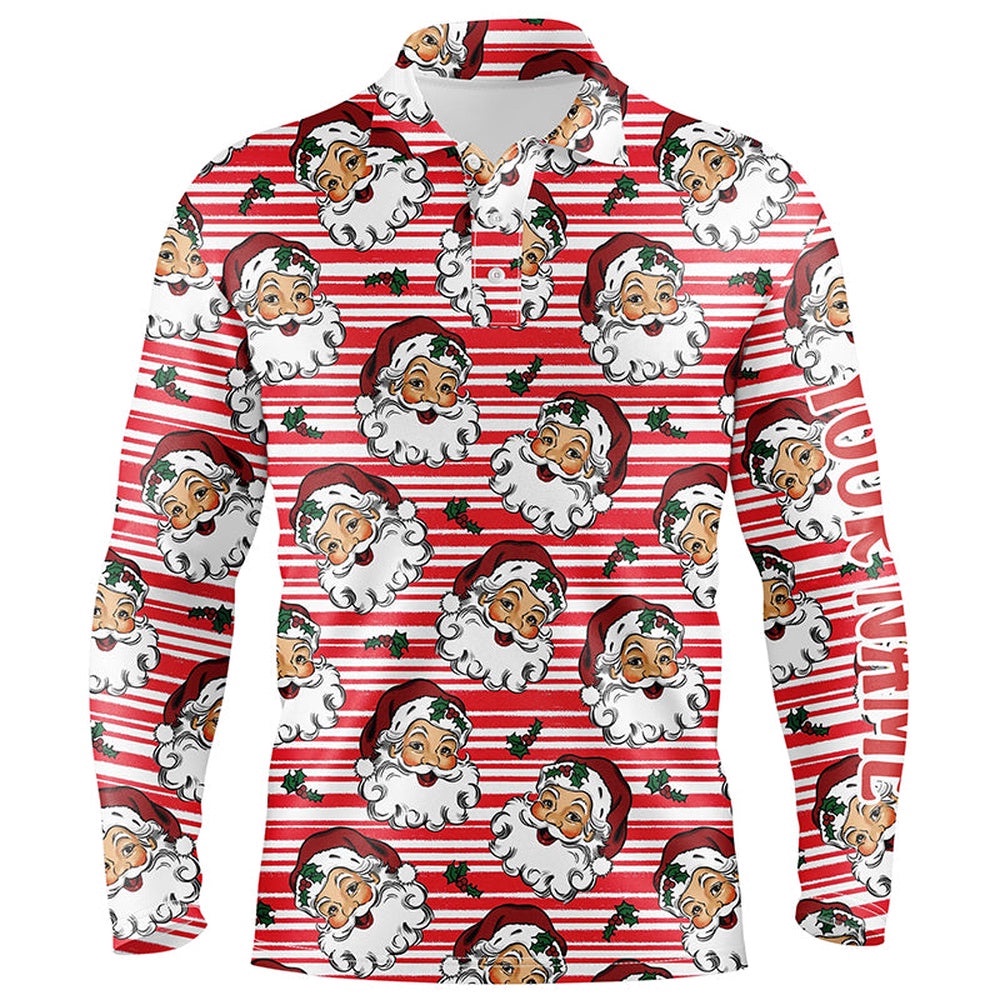 Vintage Cartoon Santa Claus With Holly Christmas Men Golf Polo Shirt Custom Cute Men’s Golf Tops, Golf Polo Shirt, Golf Shirts