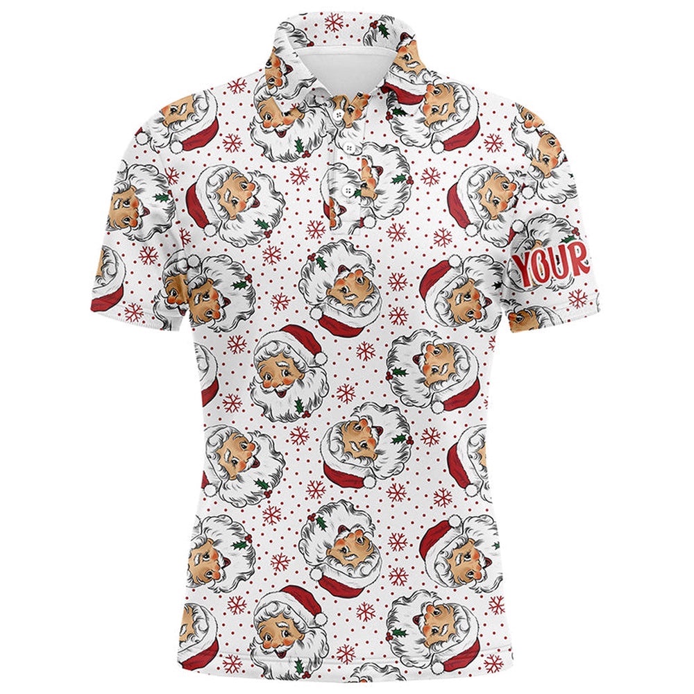 Vintage Cartoon Santa Claus With Snow Christmas Men’s Golf Polo Shirt Custom Cute Men’s Golf Tops, Golf Polo Shirt, Golf Shirts