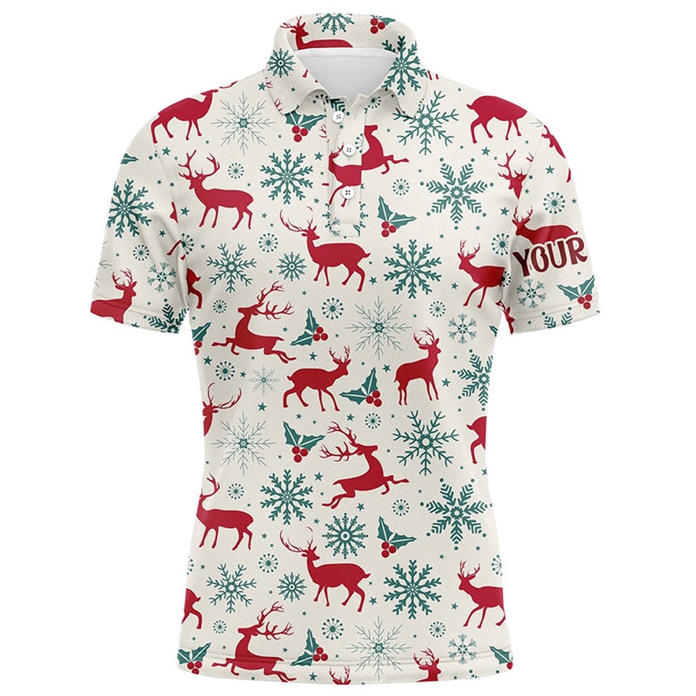 Vintage Christmas With Reindeer Snowflakes Men’s Golf Polo Shirts Winter Holiday Golf Gifts For Men, Golf Polo Shirt, Golf Shirts