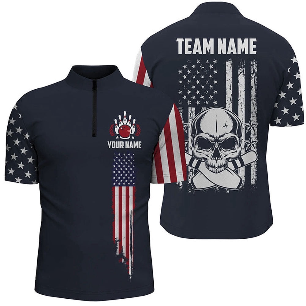 Vintage Skull Bowling Shirts For Men, Retro Style Patriotic Bowling Team Shirts Outfit, Custom Bowling Team Jersey Shirt