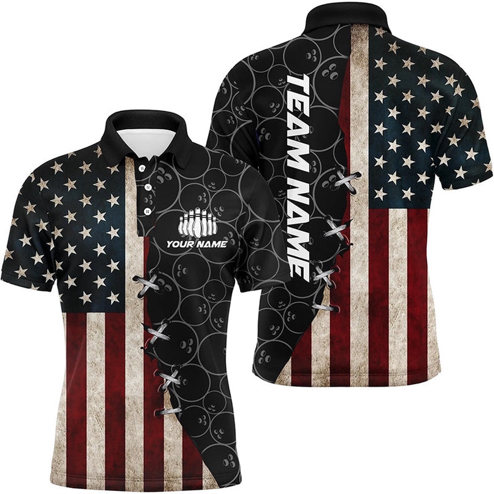 Vintage Us Flag Custom Bowling Team Shirts For Men And Women Bowling Ball Pattern Patriotic Gifts, Personalized Bowling Team Shirt