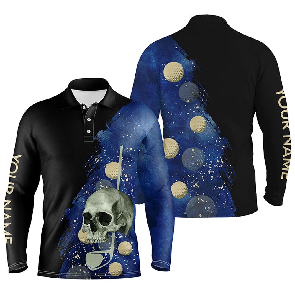 Water Color Golf Skull With Golf Ball Men’s Polo Shirt, Custom Name Black Blue Golf Shirts For Men, Golf Polo Shirt, Golf Shirts
