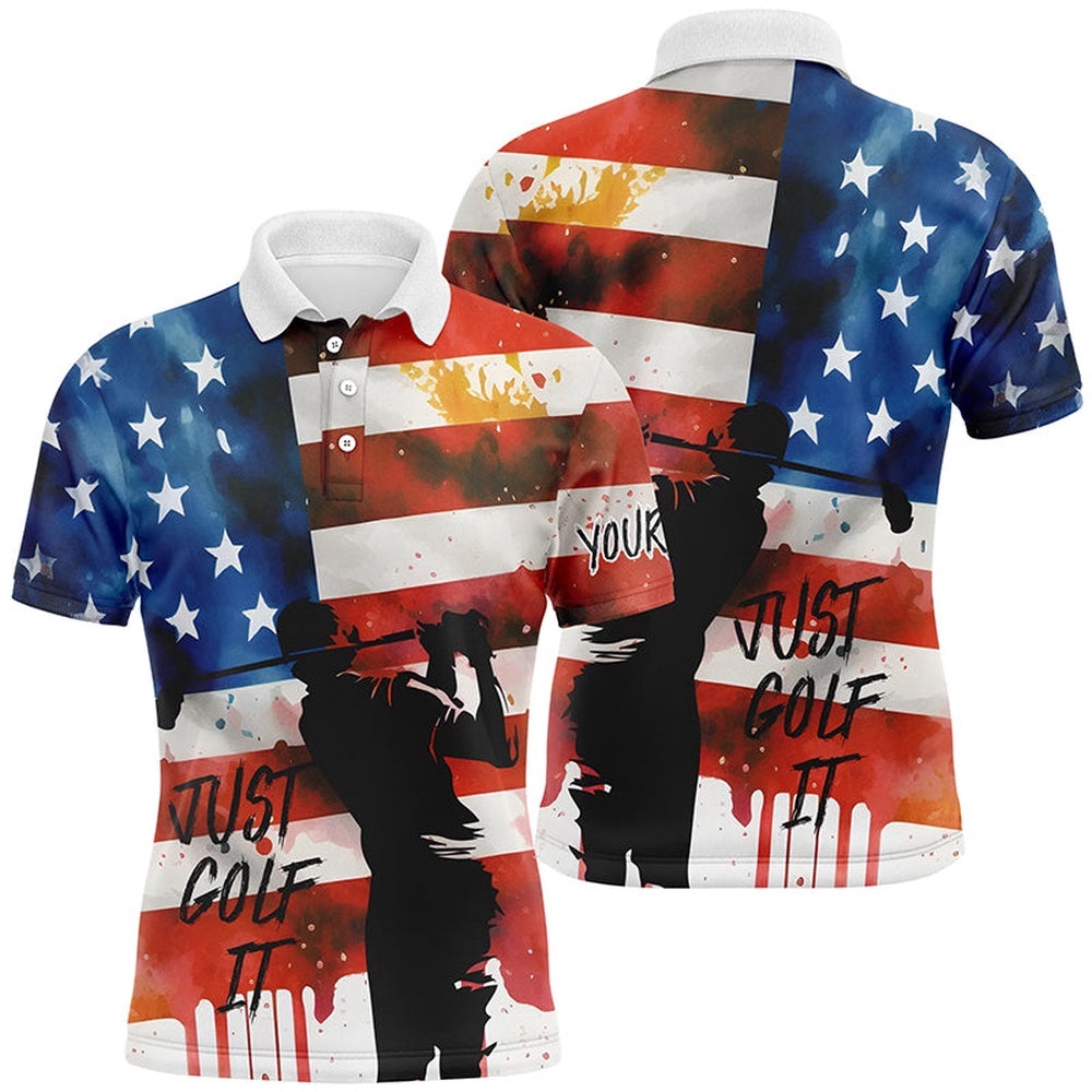 Watercolor American Flag Just Golf It Men’s Customized Golf Shirts For Men’s, Golf Polo Shirt, Golf Shirts