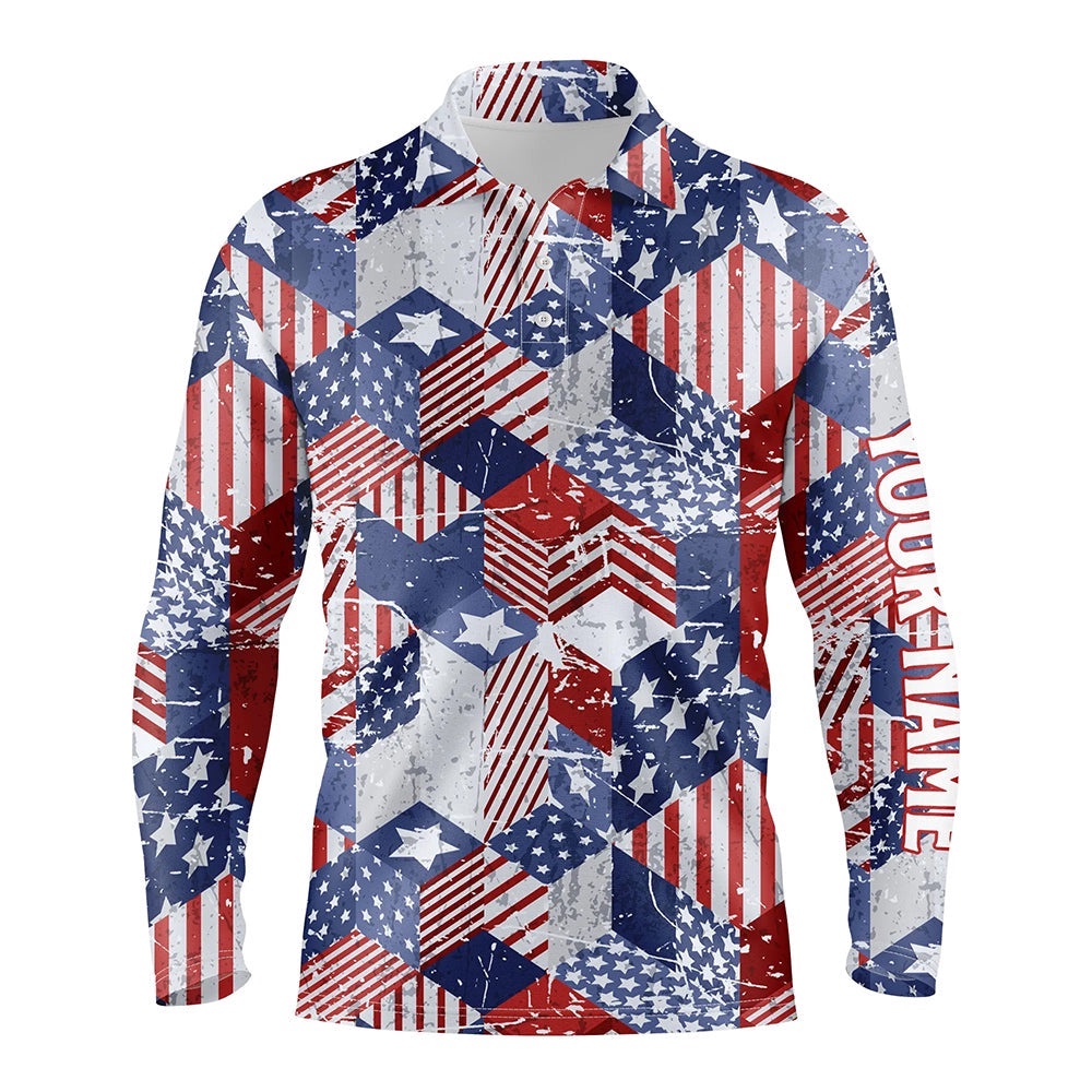 Watercolor American Flag Men’s Golf Polo Shirts D Isometric Cubes Patriotic Golf Shirts For Men, Golf Polo Shirt, Golf Shirts
