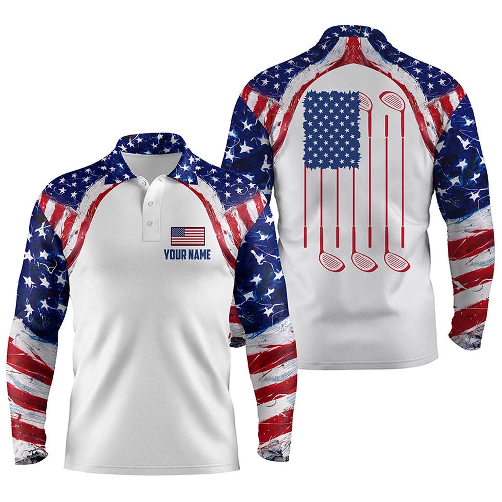 Watercolor American Flag White Men’s Golf Polo Shirt Custom Men’s Patriotic Polo Shirts Golfing Gift, Golf Polo Shirt, Golf Shirts