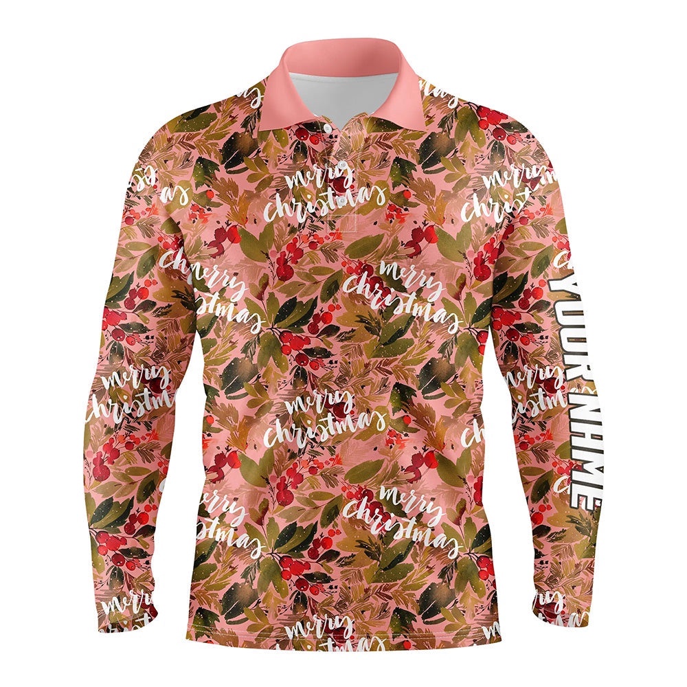 Watercolor Christmas Pink Men’s Golf Polo Shirt Custom Golf Shirt For Men Golf Gifts, Golf Polo Shirt, Golf Shirts