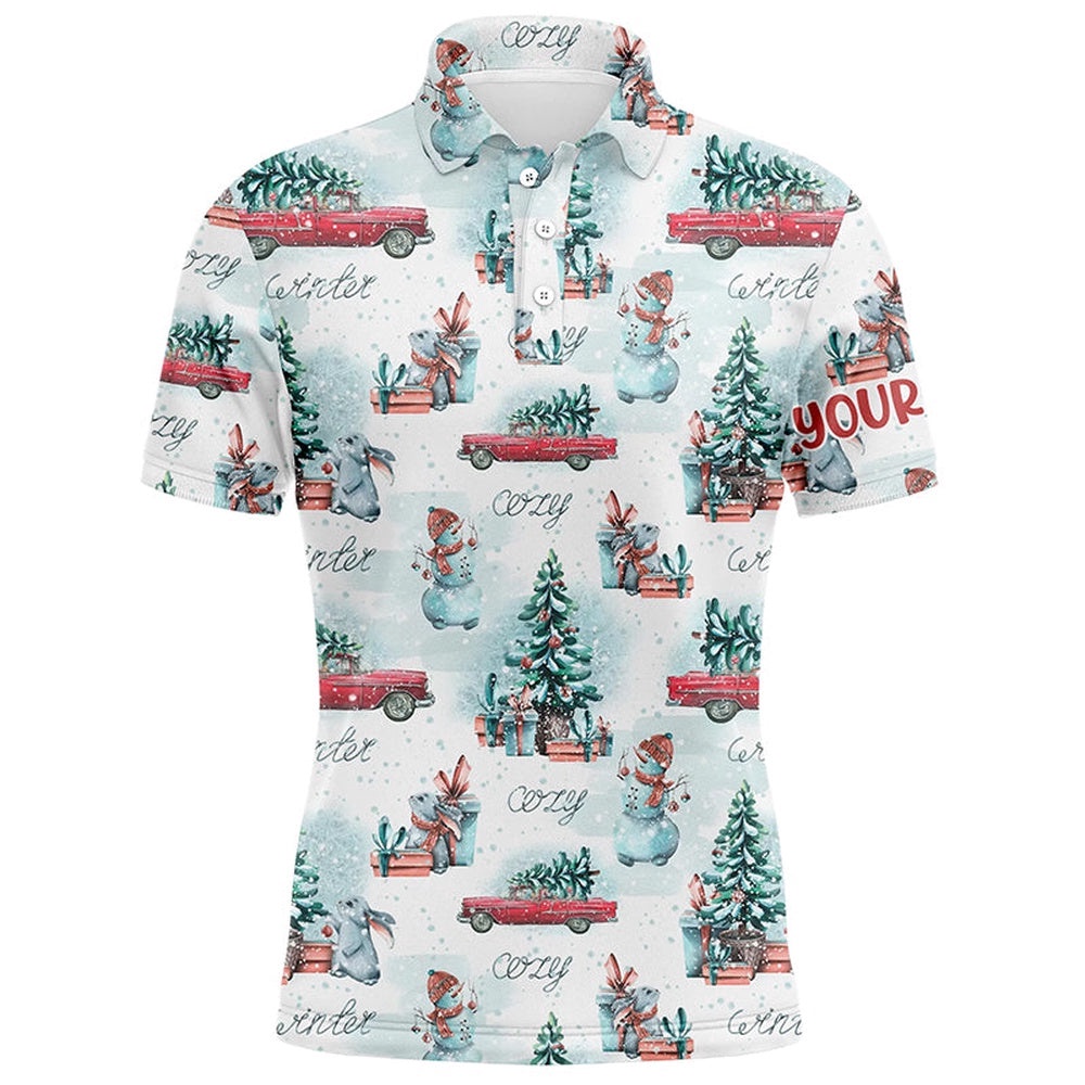Watercolor Snowmen Christmas Trees Men’s Golf Polo Shirt Custom Cozy Christmas Golf Shirts For Men, Golf Polo Shirt, Golf Shirts