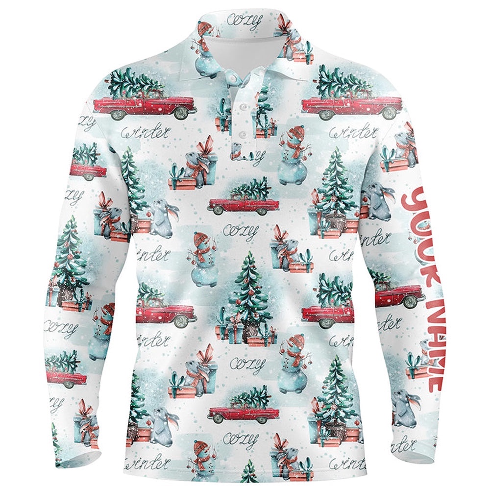 Watercolor Snowmen Christmas Trees Men’s Golf Polo Shirt Custom Cozy Christmas Golf Shirts For Men, Golf Polo Shirt, Golf Shirts