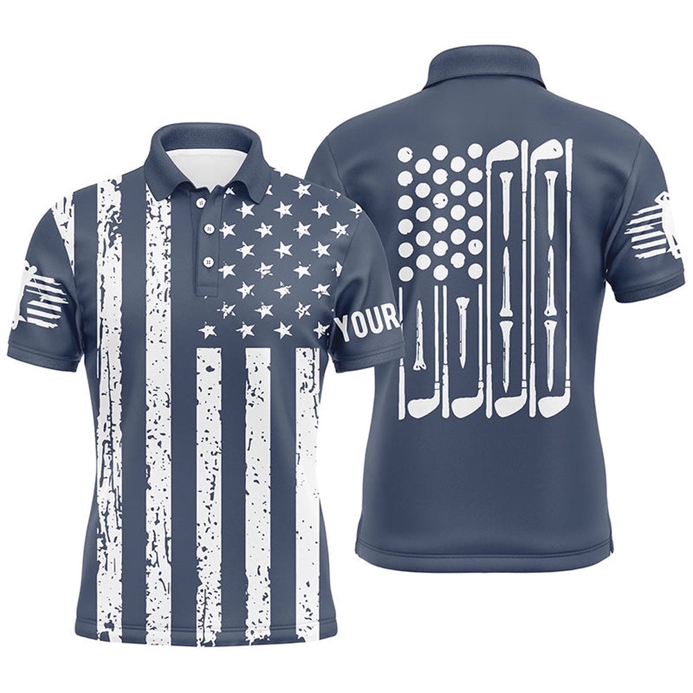 White American Flag Golf Clubs Men’s Golf Polo Shirt Custom Patriotic Male Golf Attire For Men Navy, Golf Polo Shirt, Golf Shirts