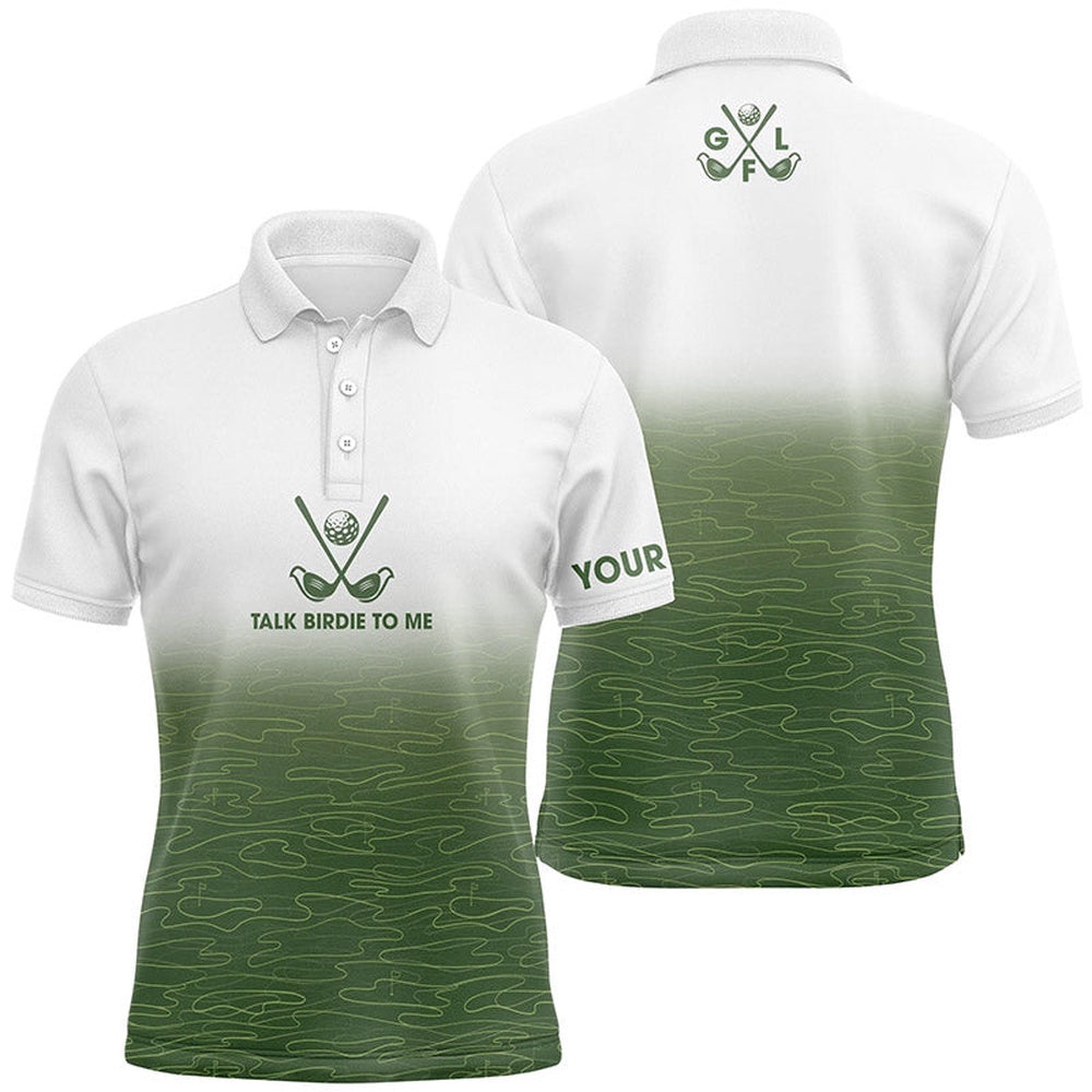 White And Green Golf Course Pattern Men’s Golf Polo Shirt Custom Talk Birdie To Me Men’s White Golf Tops, Golf Polo Shirt, Golf Shirts