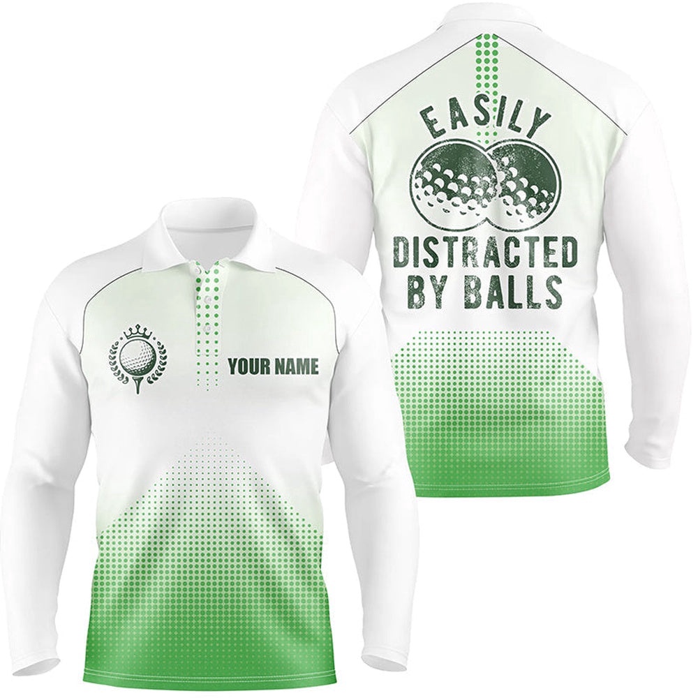 White And Green Men’s Golf Polo Shirts Custom Easily Distracted By Balls Funny Golf Tops For Men’s, Golf Polo Shirt, Golf Shirts