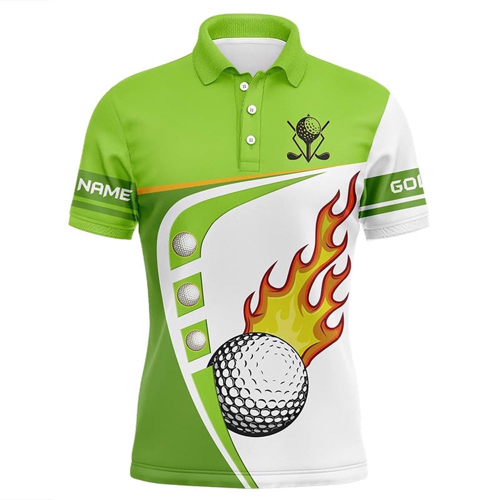 White And Green Men’s Golf Polo Shirts Custom Golf Ball Fire Men’s Golf Apparel, Green Golf Tops, Golf Polo Shirt, Golf Shirts