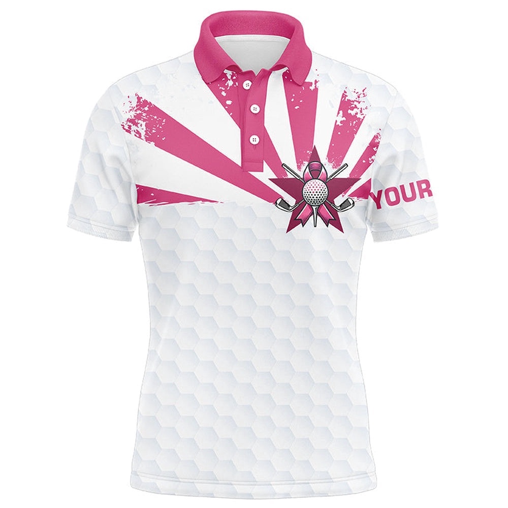 White And Pink Men Golf Polo Shirts Custom Breast Cancer Awareness Golf Tournament Shirts For Men, Golf Polo Shirt, Golf Shirts