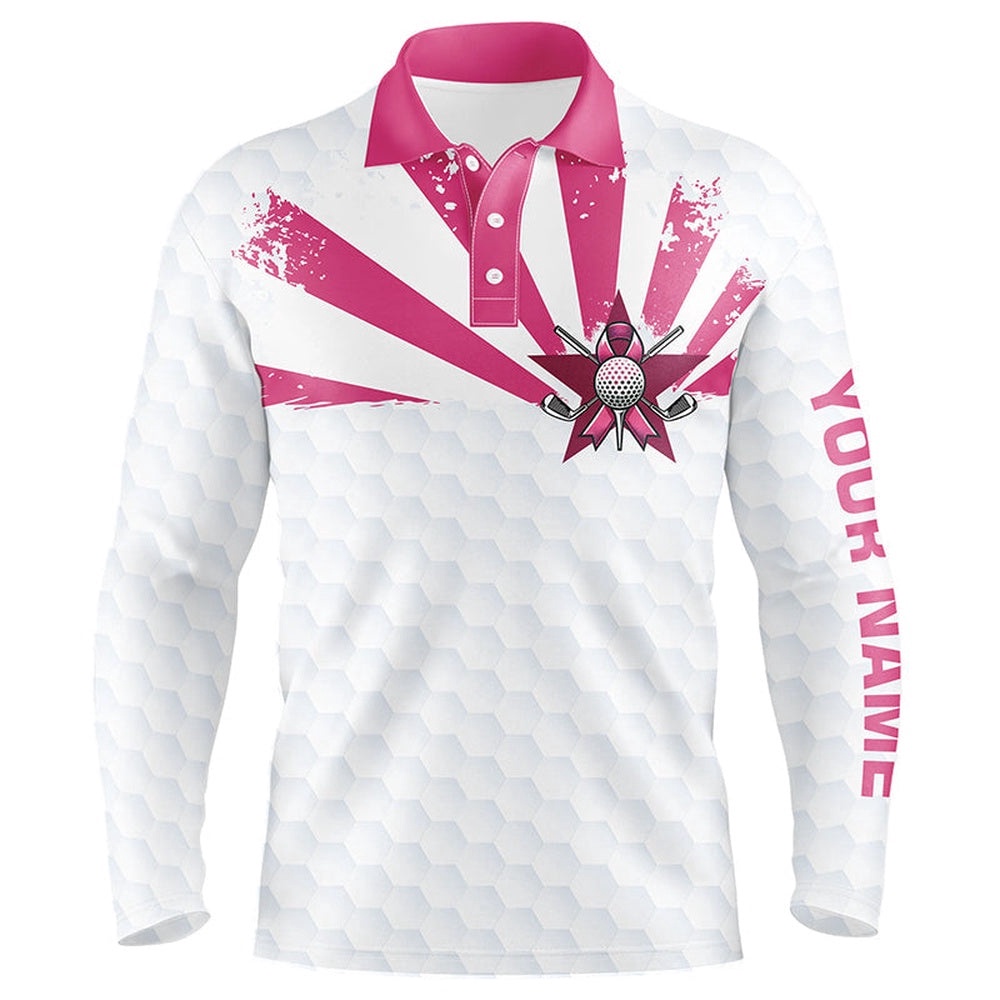 White And Pink Men Golf Polo Shirts Custom Breast Cancer Awareness Golf Tournament Shirts For Men, Golf Polo Shirt, Golf Shirts