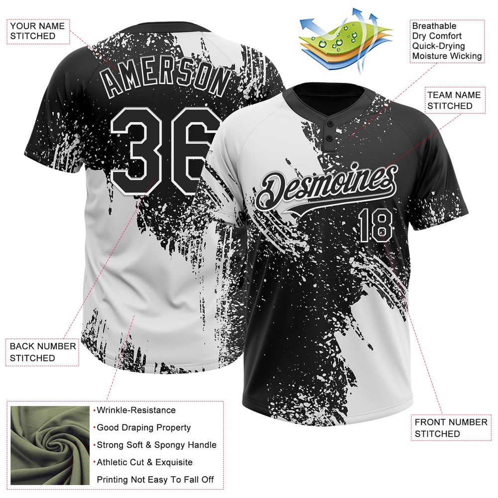 White Black 3D Pattern Abstract Brush Stroke Two Button Unisex Softball Jersey, Custom Team Softball Jersey