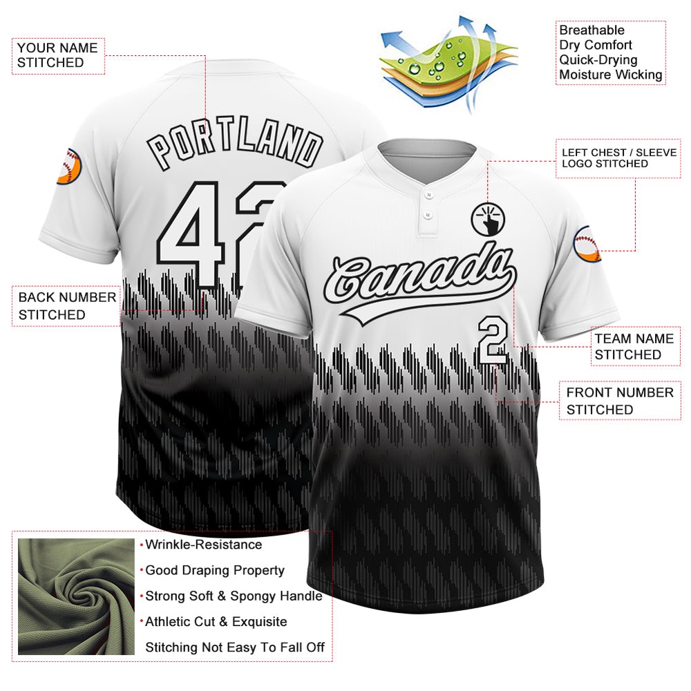 White Black 3D Pattern Lines Two Button Unisex Softball Jersey, Custom Team Softball Jersey