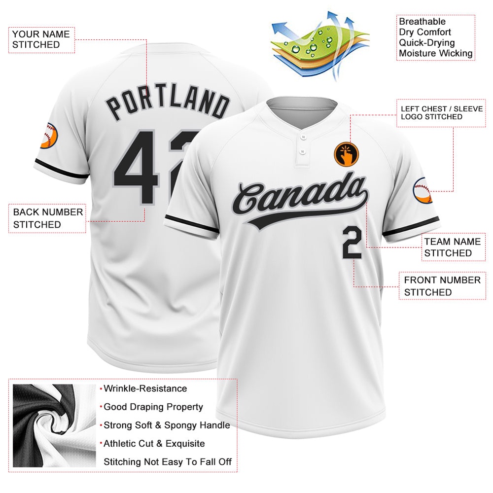 White Black Gray Two Button Unisex Softball Jersey, Custom Team Softball Jersey