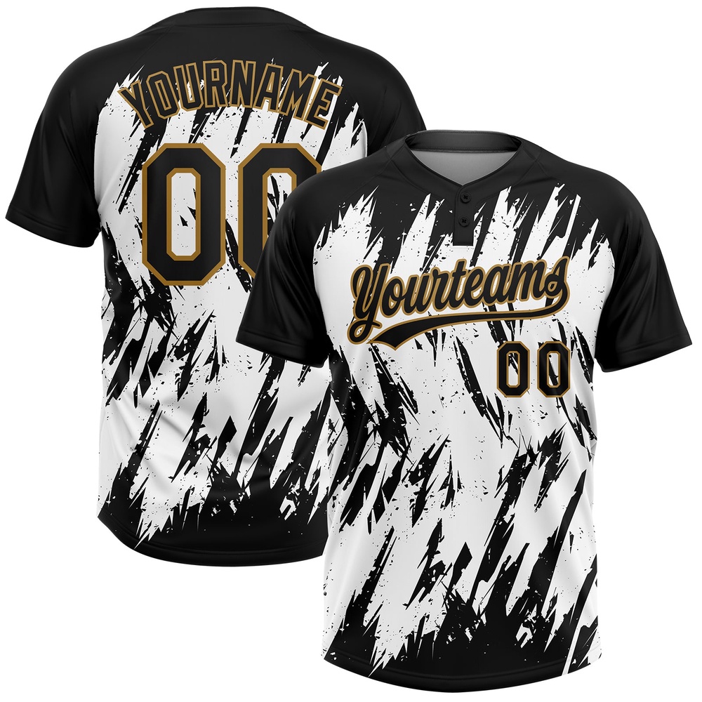 White Black Old Gold 3D Pattern Two Button Unisex Softball Jersey, Custom Team Softball Jersey