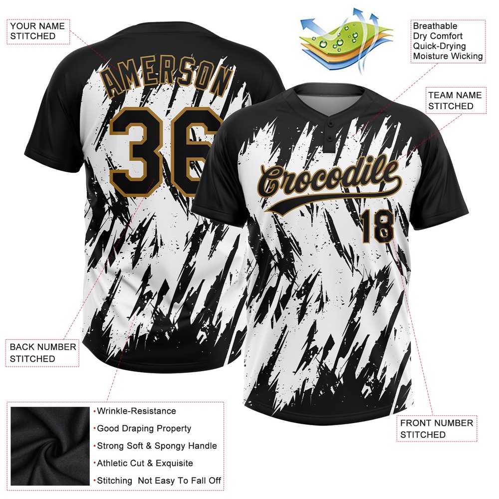 White Black Old Gold 3D Pattern Two Button Unisex Softball Jersey, Custom Team Softball Jersey