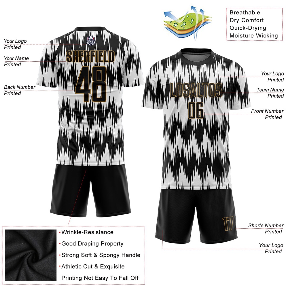 White Black Old Gold Sublimation Soccer Uniform Jersey, Custom Team Soccer Jersey Shirt
