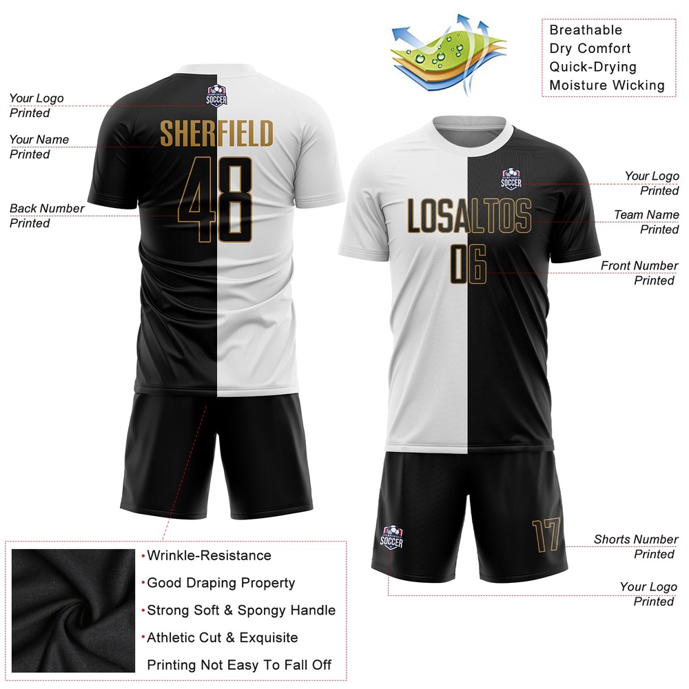 White Black Old Gold Sublimation Split Fashion Soccer Uniform Jersey, Custom Team Soccer Jersey Shirt