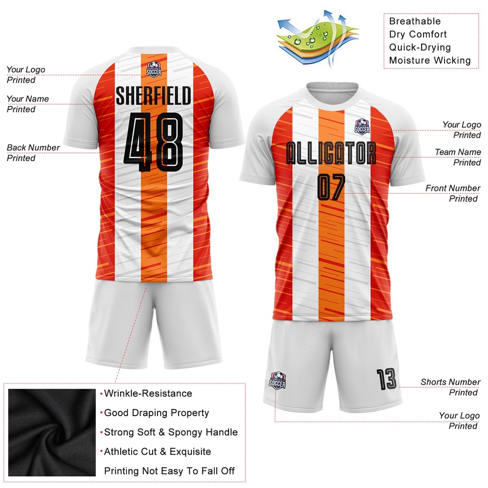 White Black Orange Sublimation Soccer Uniform Jersey, Custom Team Soccer Jersey Shirt