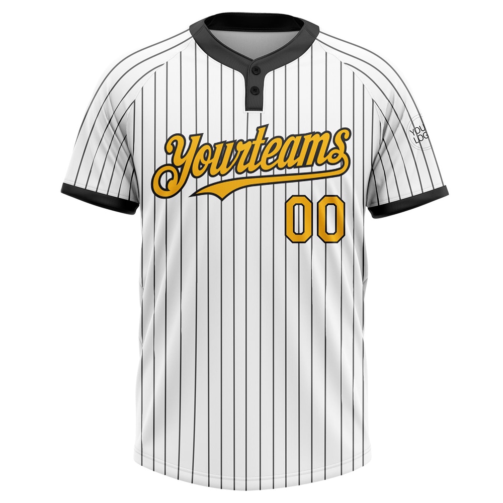 White Black Pinstripe Gold Black Two Button Unisex Softball Jersey, Custom Team Softball Jersey