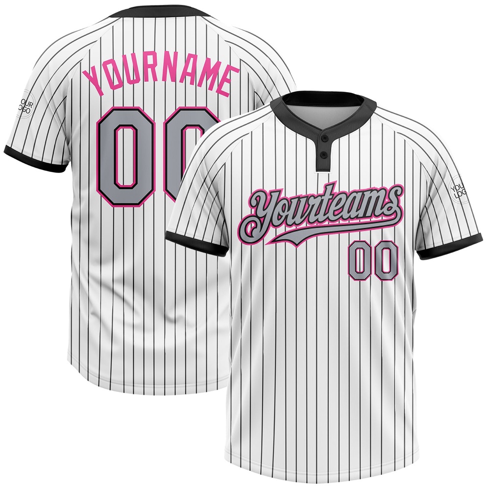 White Black Pinstripe Gray Pink Two Button Unisex Softball Jersey, Custom Team Softball Jersey