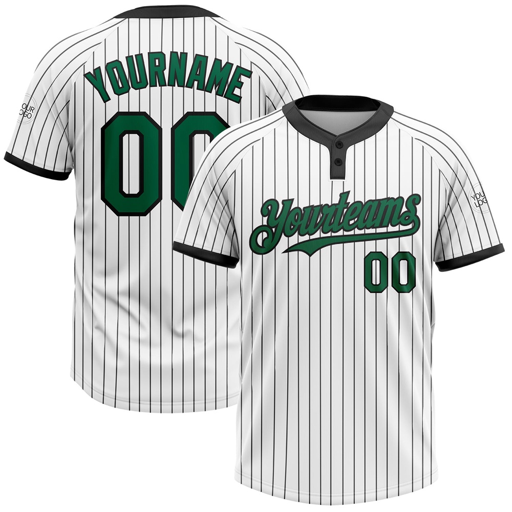 White Black Pinstripe Kelly Green Two Button Unisex Softball Jersey, Custom Team Softball Jersey