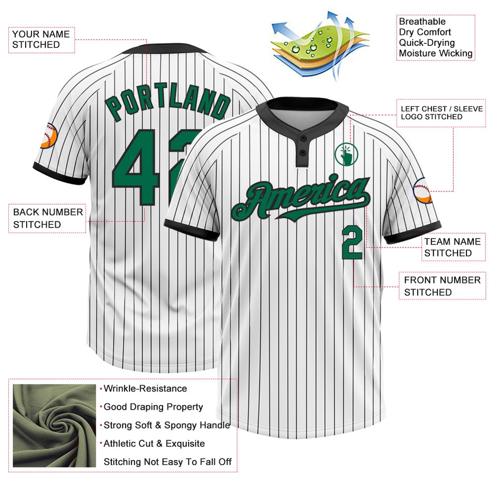 White Black Pinstripe Kelly Green Two Button Unisex Softball Jersey, Custom Team Softball Jersey
