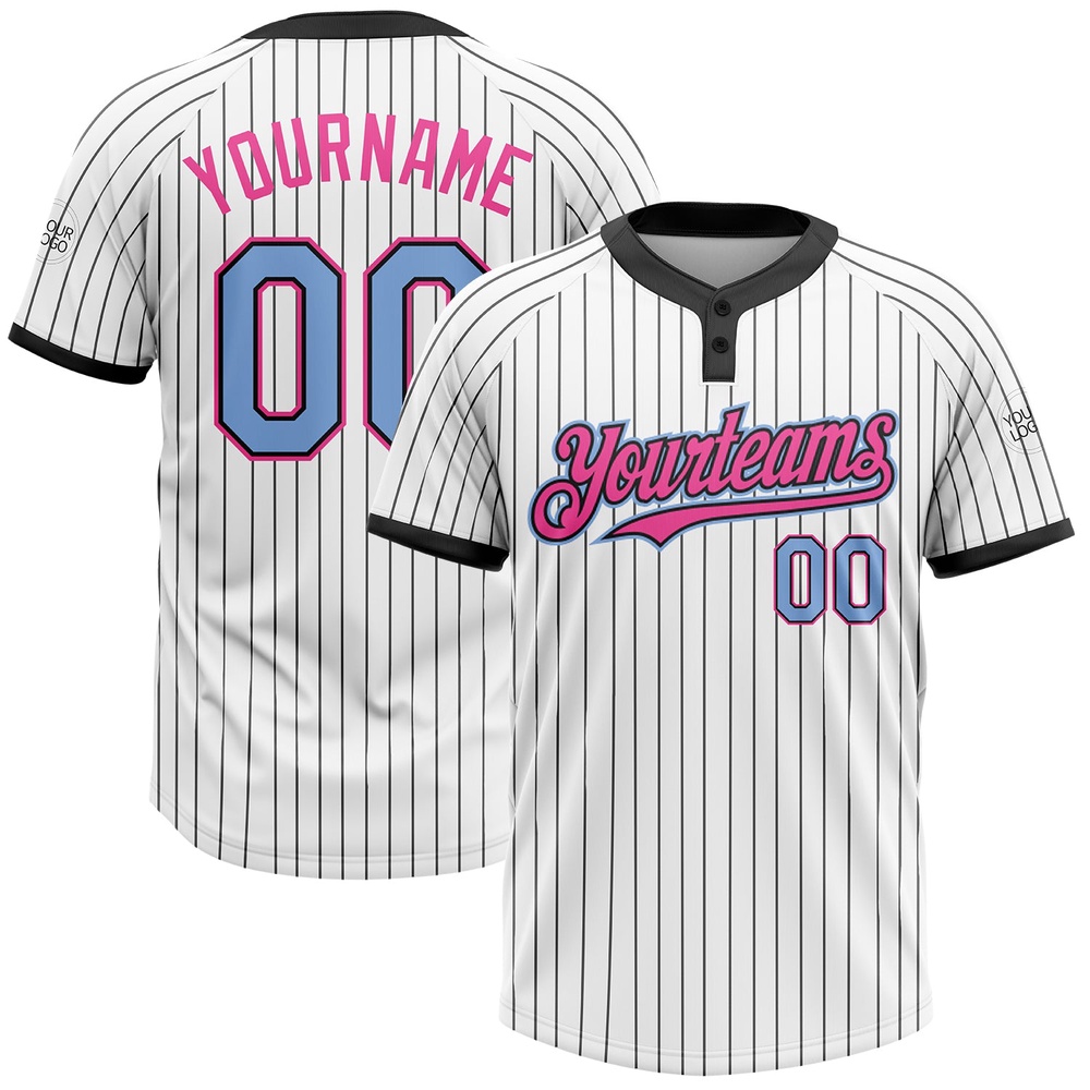 White Black Pinstripe Light Blue Pink Two Button Unisex Softball Jersey, Custom Team Softball Jersey