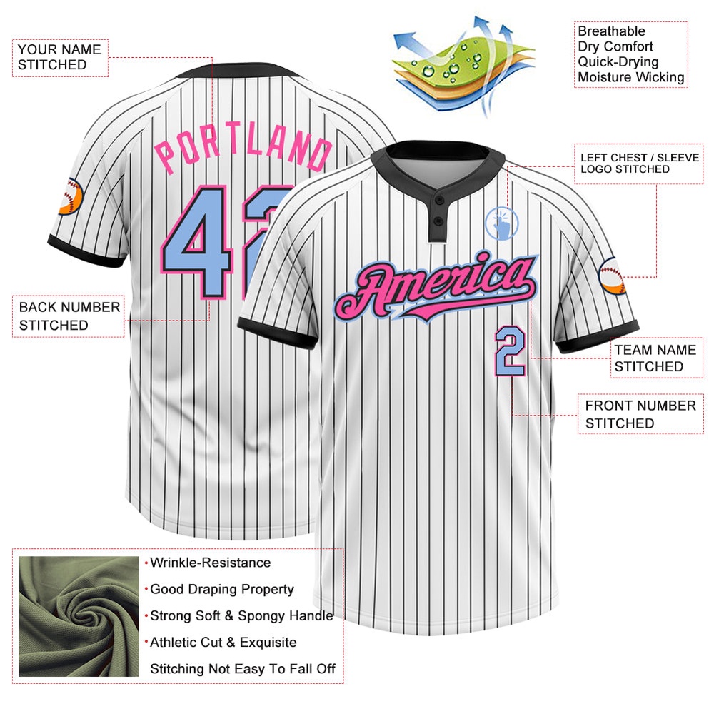White Black Pinstripe Light Blue Pink Two Button Unisex Softball Jersey, Custom Team Softball Jersey