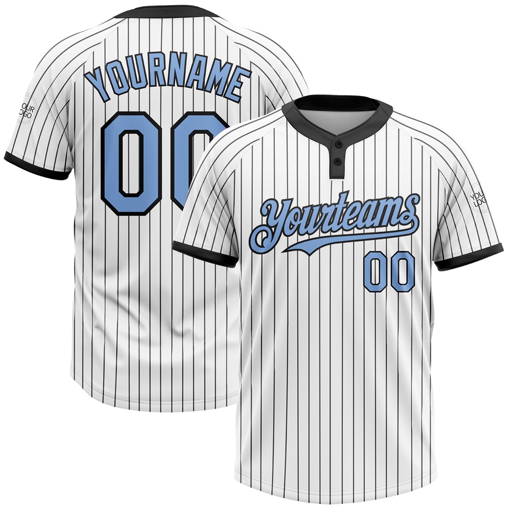 White Black Pinstripe Light Blue Two Button Unisex Softball Jersey, Custom Team Softball Jersey