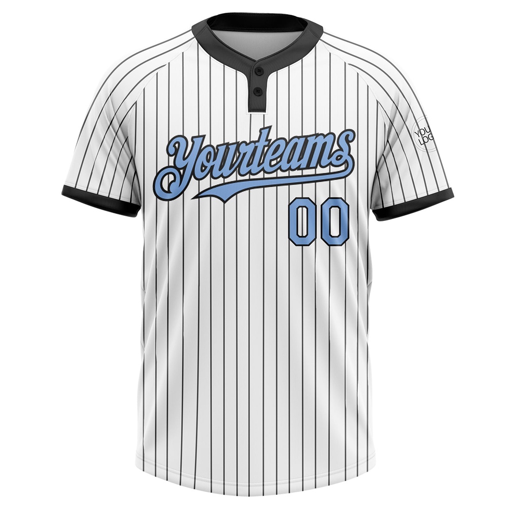 White Black Pinstripe Light Blue Two Button Unisex Softball Jersey, Custom Team Softball Jersey