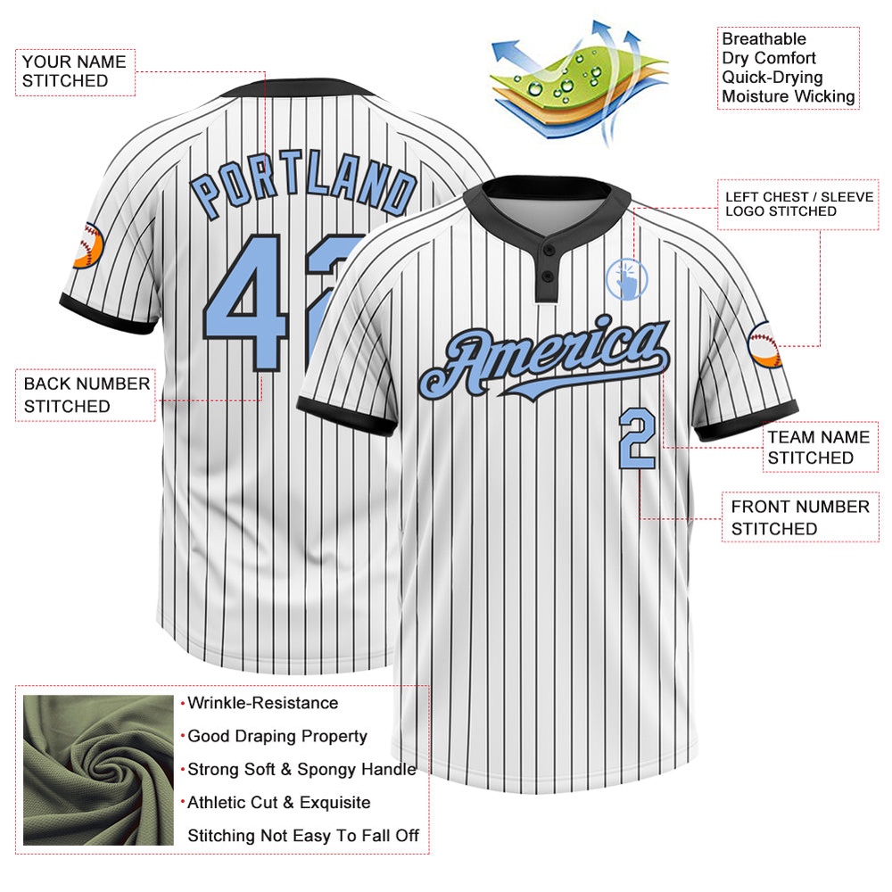 White Black Pinstripe Light Blue Two Button Unisex Softball Jersey, Custom Team Softball Jersey