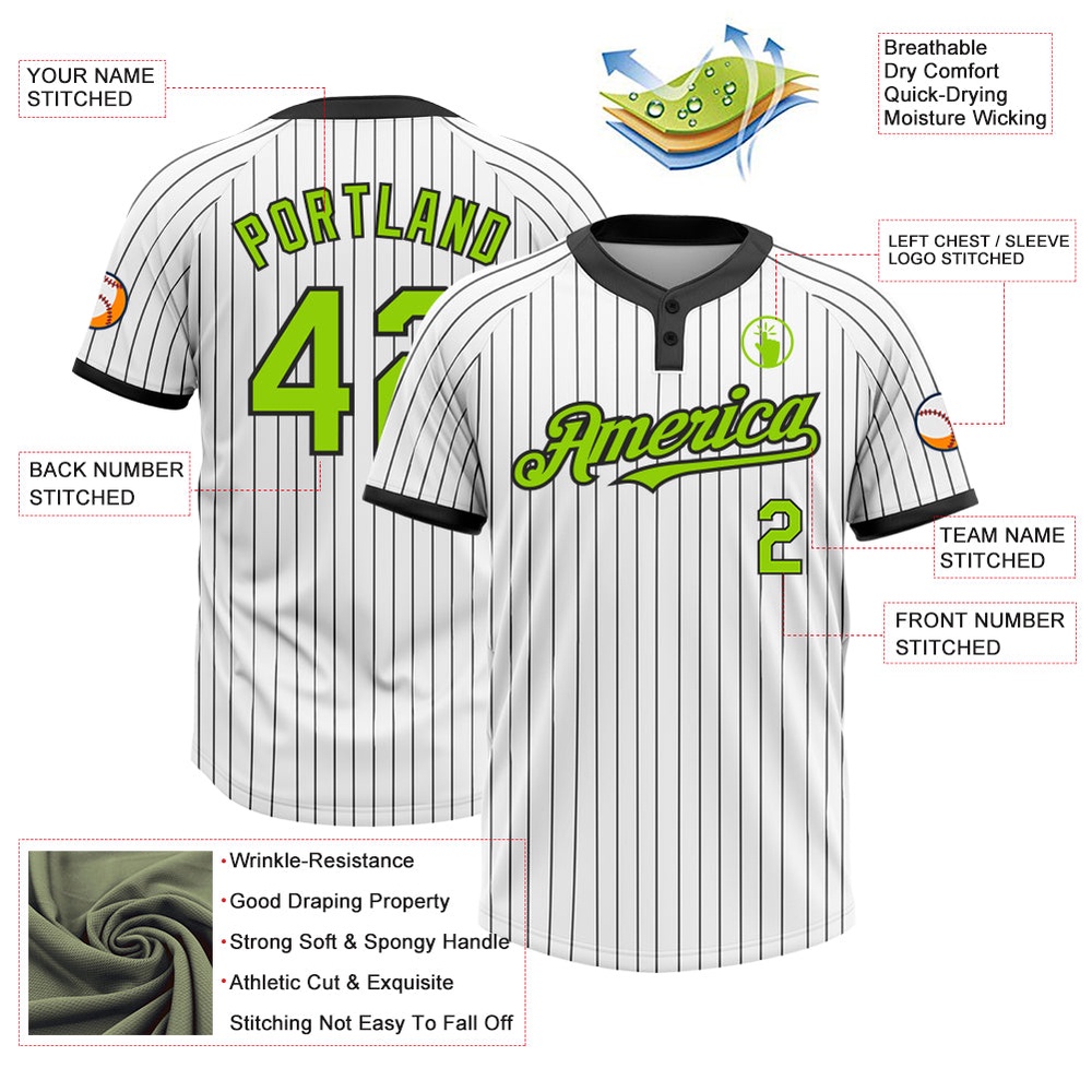 White Black Pinstripe Neon Green Two Button Unisex Softball Jersey, Custom Team Softball Jersey