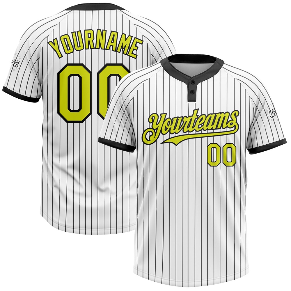 White Black Pinstripe Neon Yellow Two Button Unisex Softball Jersey, Custom Team Softball Jersey