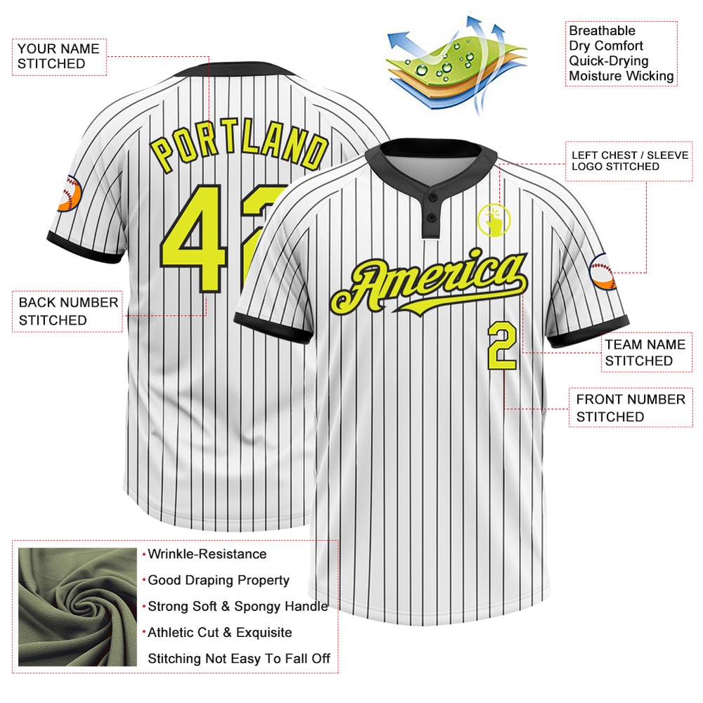 White Black Pinstripe Neon Yellow Two Button Unisex Softball Jersey, Custom Team Softball Jersey