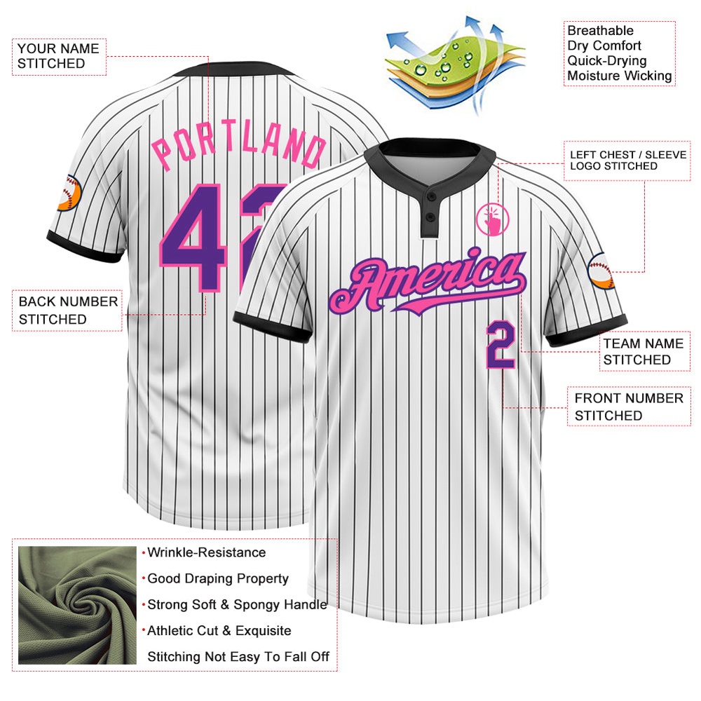 White Black Pinstripe Purple Pink Two Button Unisex Softball Jersey, Custom Team Softball Jersey