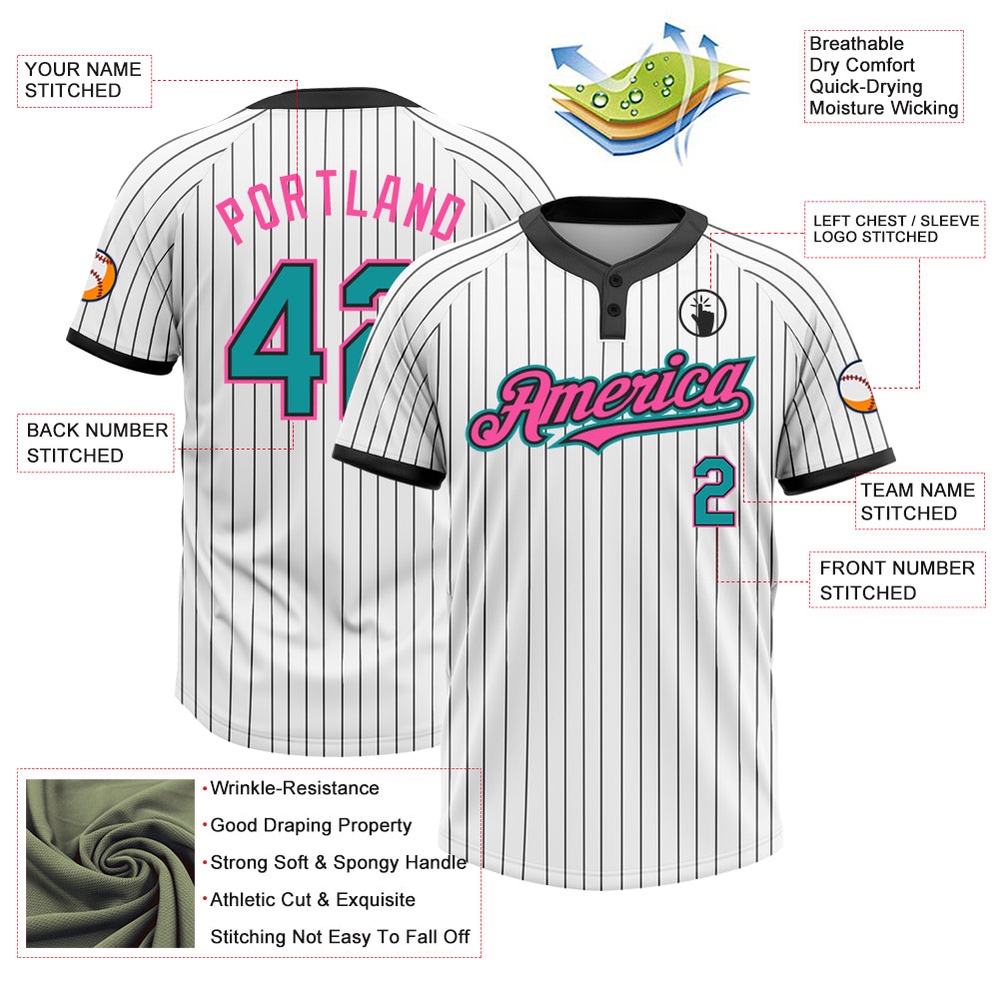 White Black Pinstripe Teal Pink Two Button Unisex Softball Jersey, Custom Team Softball Jersey