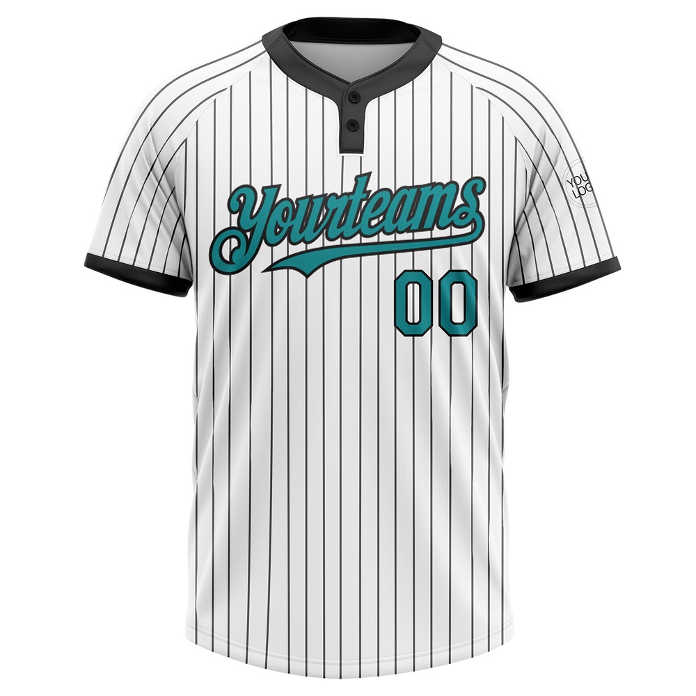 White Black Pinstripe Teal Two Button Unisex Softball Jersey, Custom Team Softball Jersey