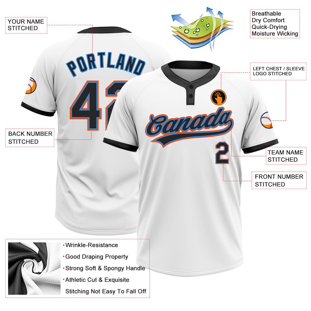White Black Powder Blue Orange Two Button Unisex Softball Jersey, Custom Team Softball Jersey